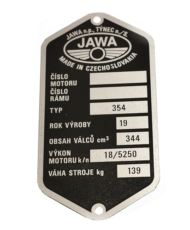 Tabliczka znamionowa Jawa 350 typ 354 czeska