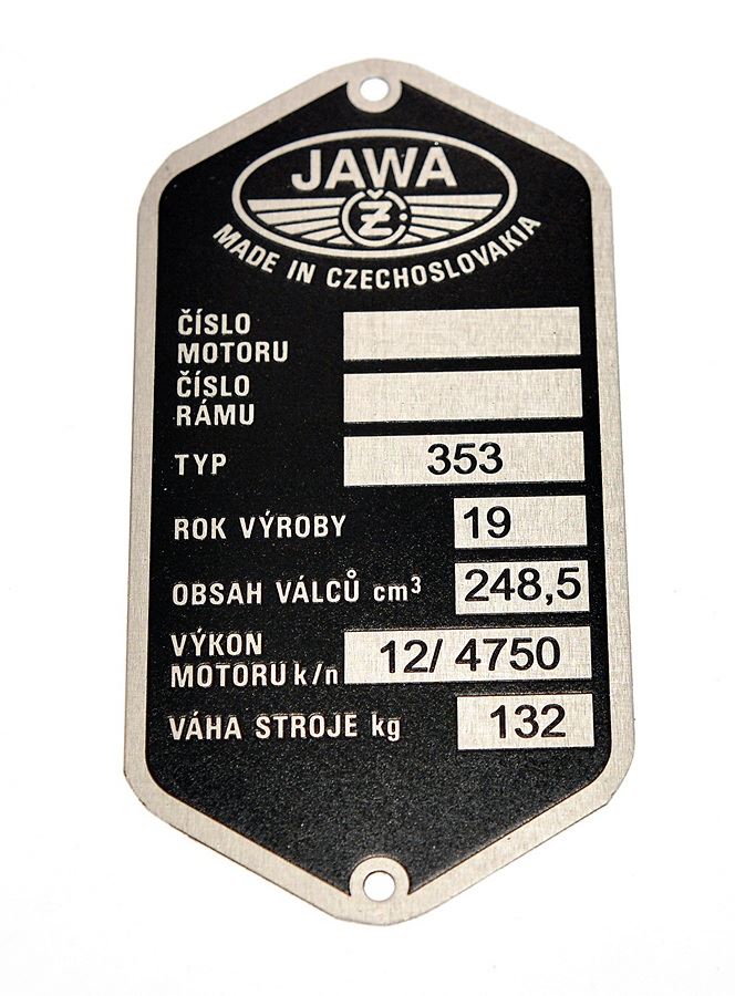Tabliczka znamionowa Jawa 250 typ 353 czeska