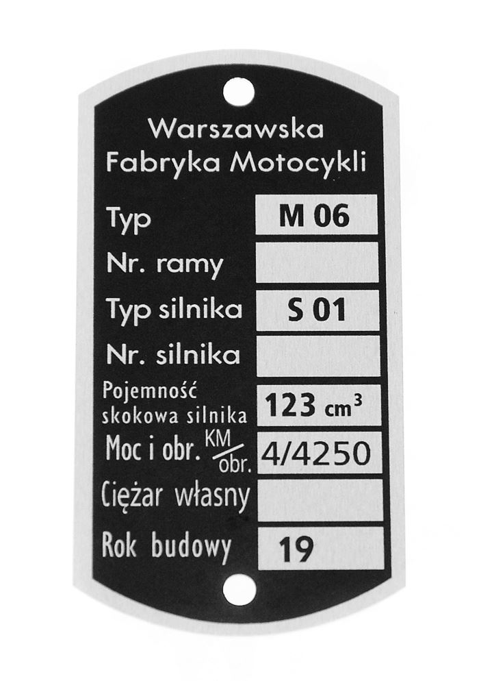 Tabliczka znamionowa WSK WFM 125 M06 S01 typ 1