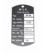 Tabliczka znamionowa WSK WFM 125 M06 S01 typ 3