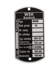 Tabliczka znamionowa WSK 125 M06B S01-Z3 waga 102