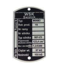 Tabliczka znamionowa WSK 125 M06B3 S01-Z3 typ 1